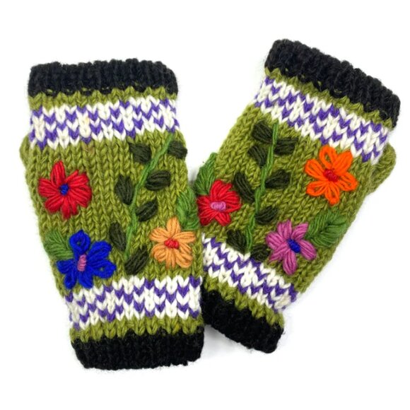 Hand Crafted Accessories - Handmade Embroidered Wool Fingerless Gloves – Made in Nepal
